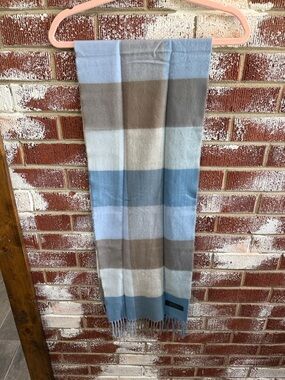 100% Cashmere Made In Germany Striped Blue and Taupe Fringe Scarf OSFM